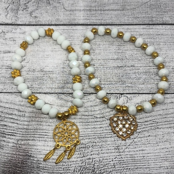 WHITE crystal or stone heart dreamcatcher charm layer stackable bracelets boho. - Picture 1 of 4